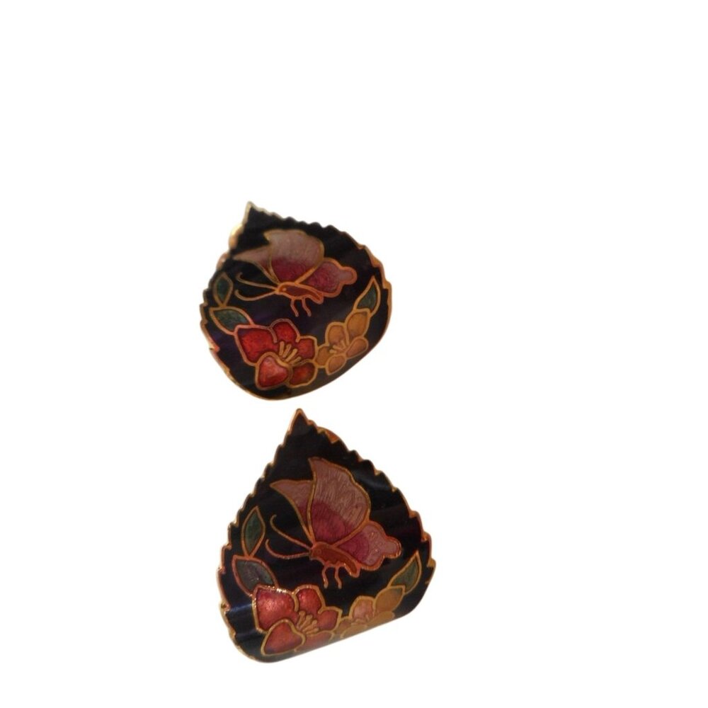 Vintage 1980s Black Pink Floral Butterfly Enamel Earrings Clip on Estate